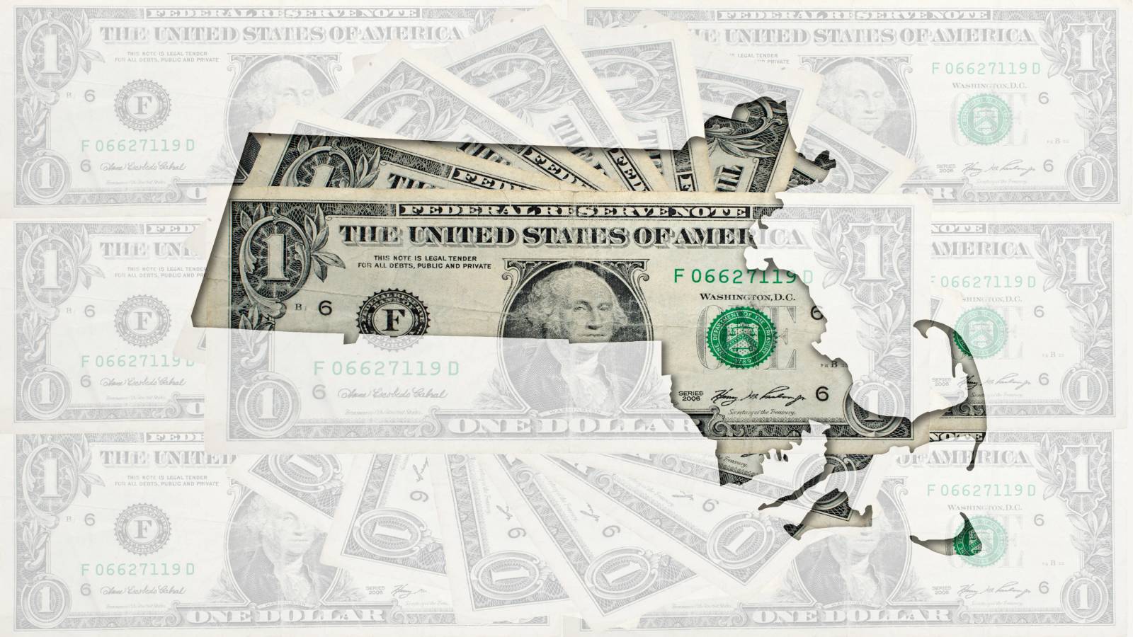 Dollar bills in the form of Massachusetts